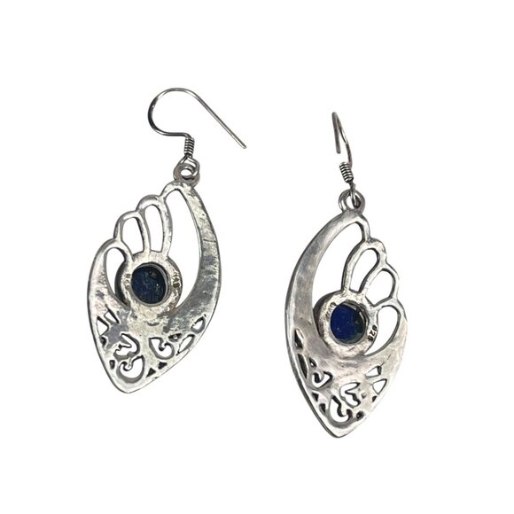 Sterling Silver Lapis Gemstone Dangle Earrings With Intricate Filigree Design Bo - Picture 7 of 10